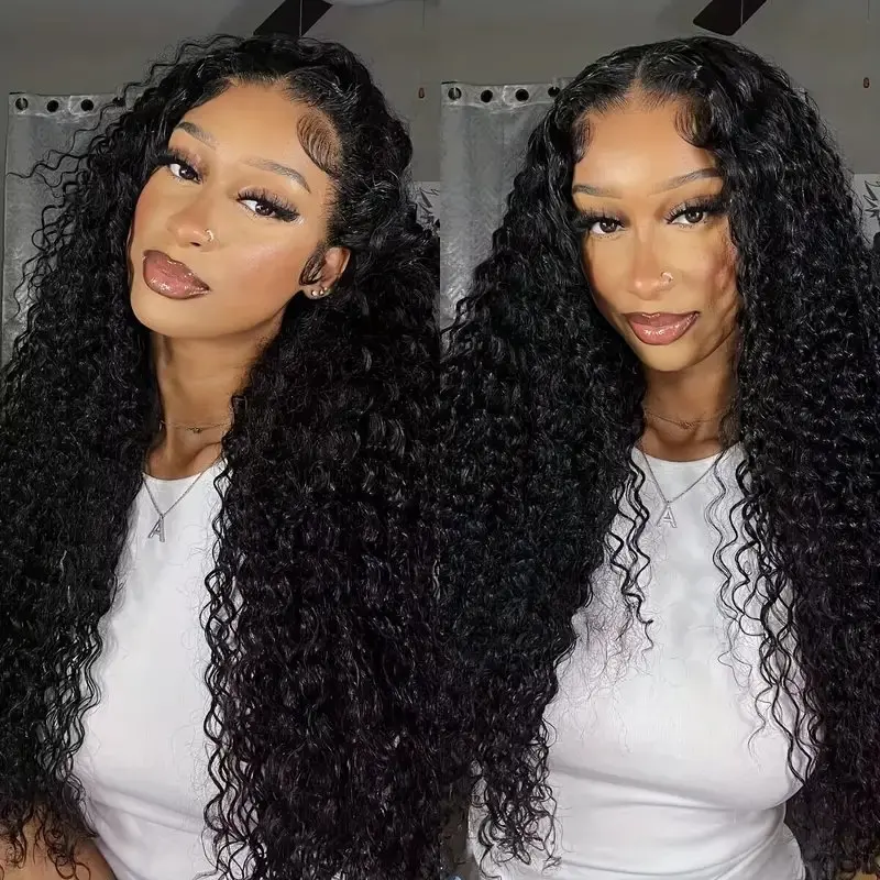 13x6 Lace Front Natural Black 150 Density Curly 40 Inches Glueless  Deep Wave Frontal Full Wig For Women Human Hair Wigs