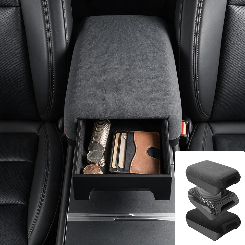 For Tesla Model Y 2025 6-Seat YL 3 Highland 2024-2026 Original Armrest Box Suede Armrest Box Height-Increasing Storage Organizer