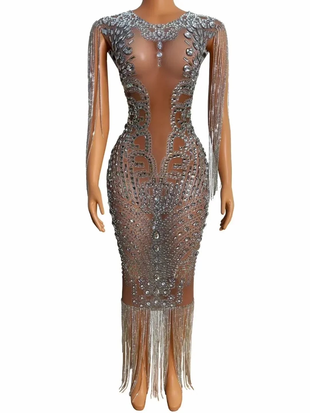 

Sparkly Crystals Women Long Dress Evening Birthday Wedding Celebrate Chain Drill Fringes Drag Costume Prom Party Show Outfit