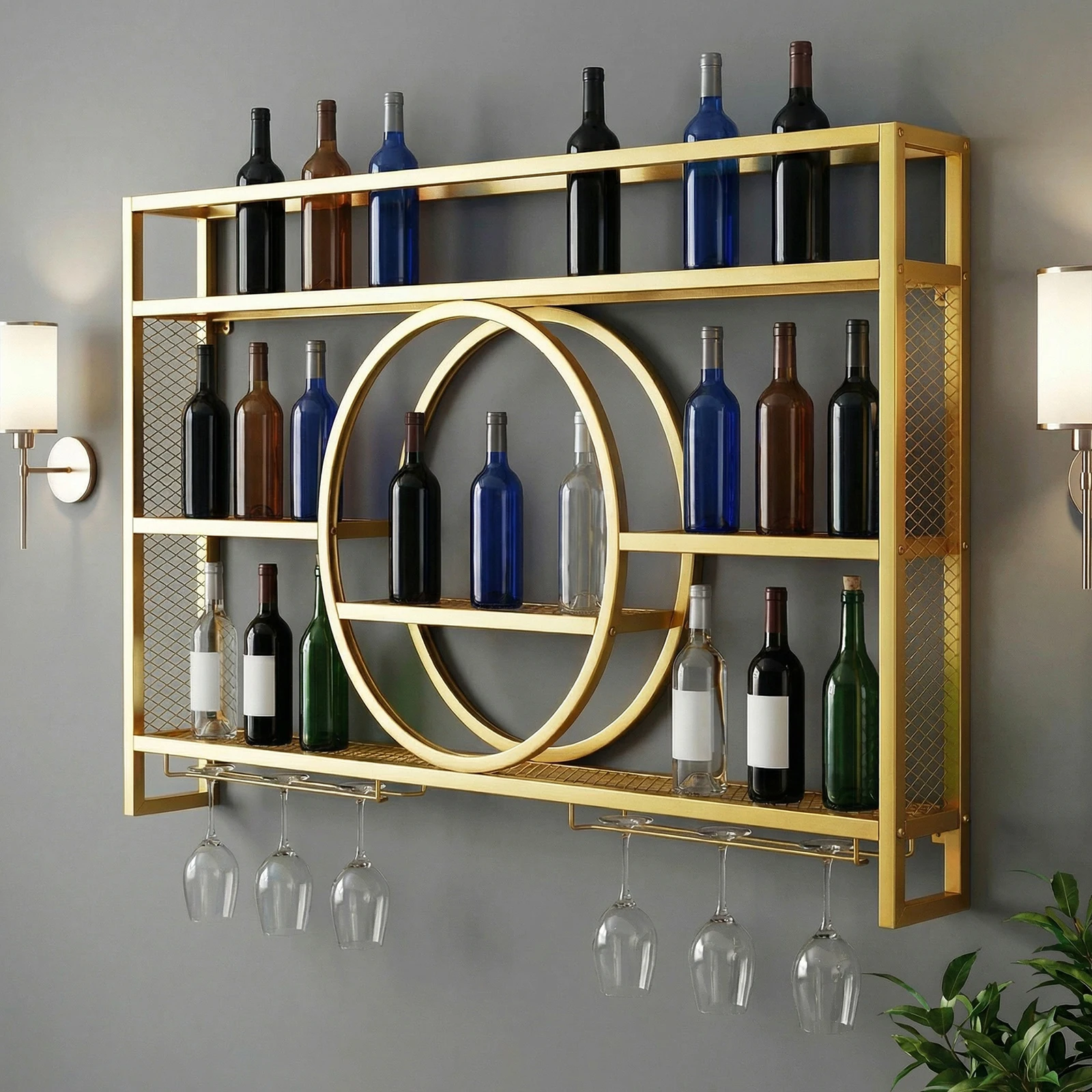 

Liquor Bottles Bar Shelves Metal Wall Mounted Wine Rack 3 Tier with LED Light with Wine Glass Holder for Home Bar Dining Room