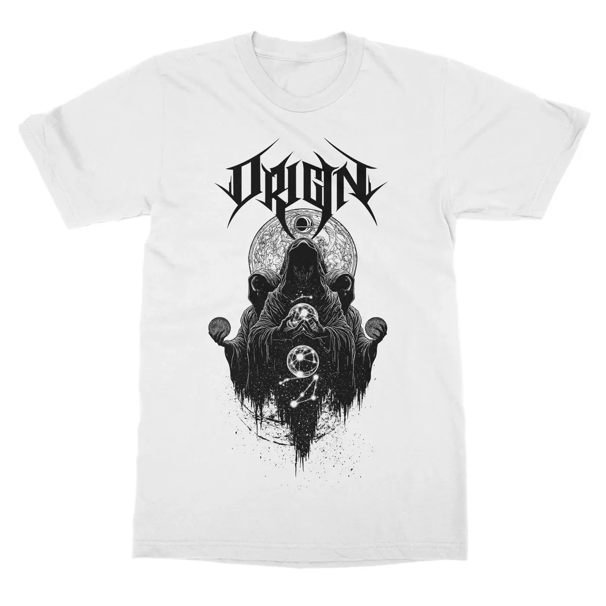 Origin Graphic T‑Shirt Two‑Sided Blood‑Splatter Distressed Print Faded Red‑White Band Lettering on Front Horned Skeleton