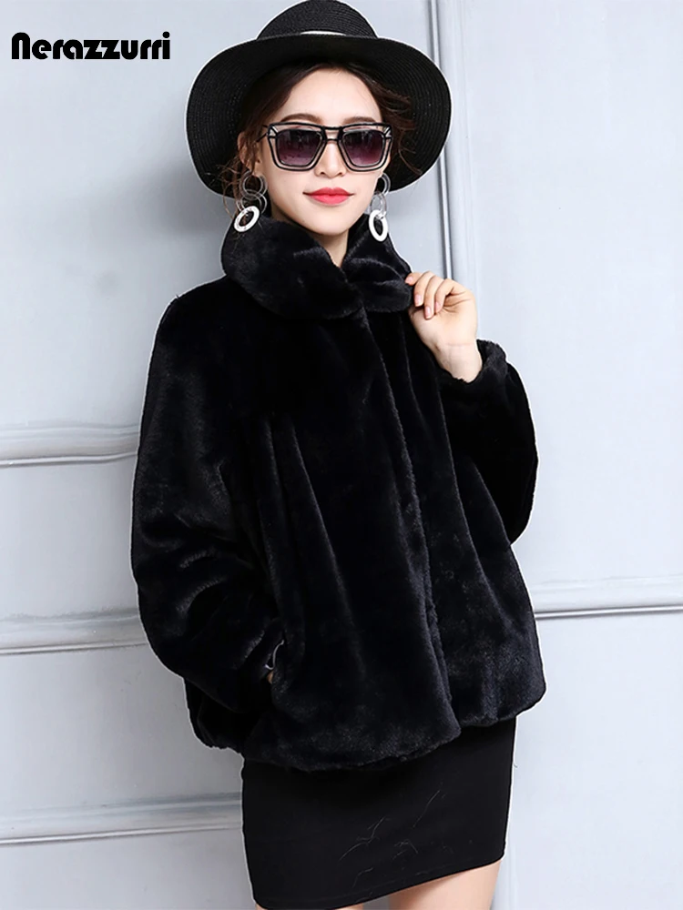 Nerazzurri Autumn Short Light Soft Faux Fur Jacket Women Long Sleeve High Waist Casual Loose Korean Fashion Pleated Fluffy Coat