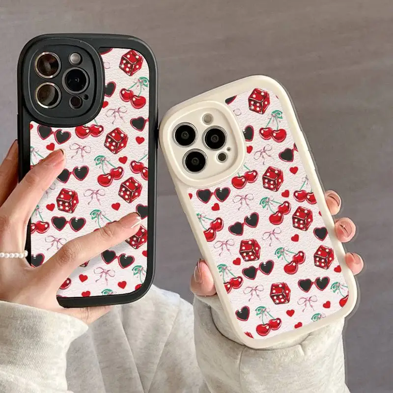 Cherries Hearts Dice Bows Phone Case For IPhone 11 12 13 14 15 Plus Pro Max PU Leather Silicon Soft Cover