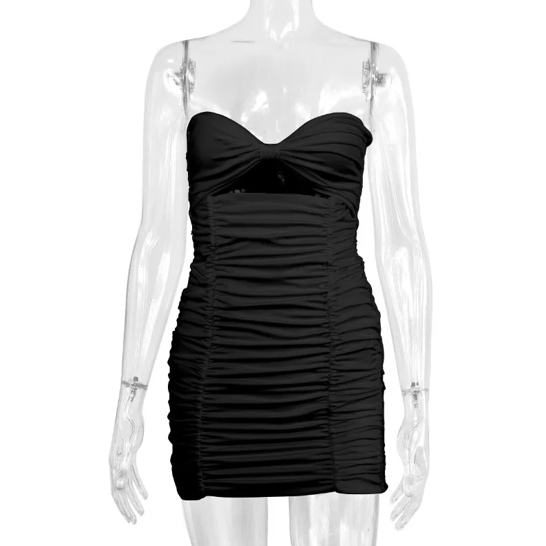 Trägerloses, sexy, ausgeschnittenes, plissiertes, kurzes, figurbetontes Kleid, elegantes Abendkleid für Brautjungfern, Geburtstag, figurbetontes, sexy Kleid – Detail 15