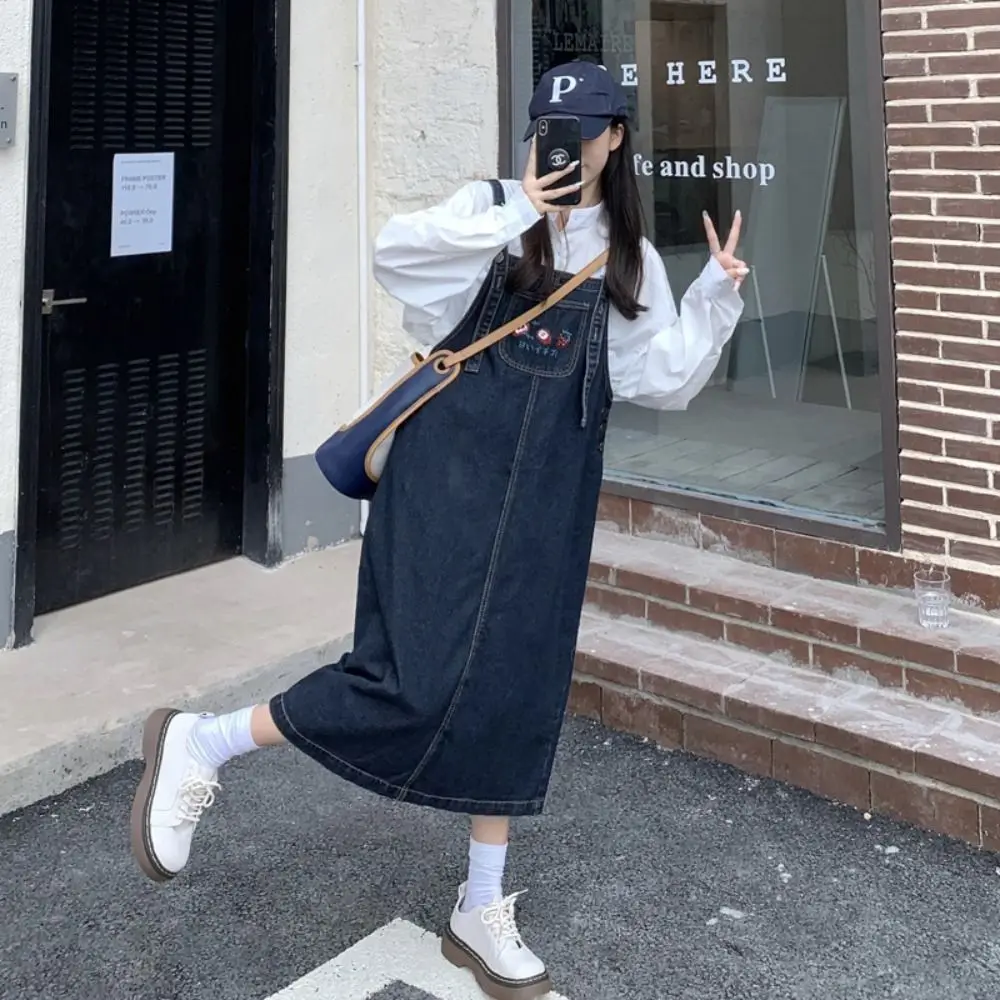 

Vintage Preppy Style Sleeveless Jeans Dresses Pocket a-Line Denim Overalls Skirt Solid Loose Suspender Skirt Denim Summer