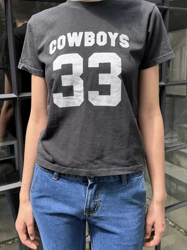 Women Cowboys 33 Graphic T Shirt 2024 Fashion Summer Round Neck Black Cotton Short Female Street wear Vintage T-shirts Y2K Tops