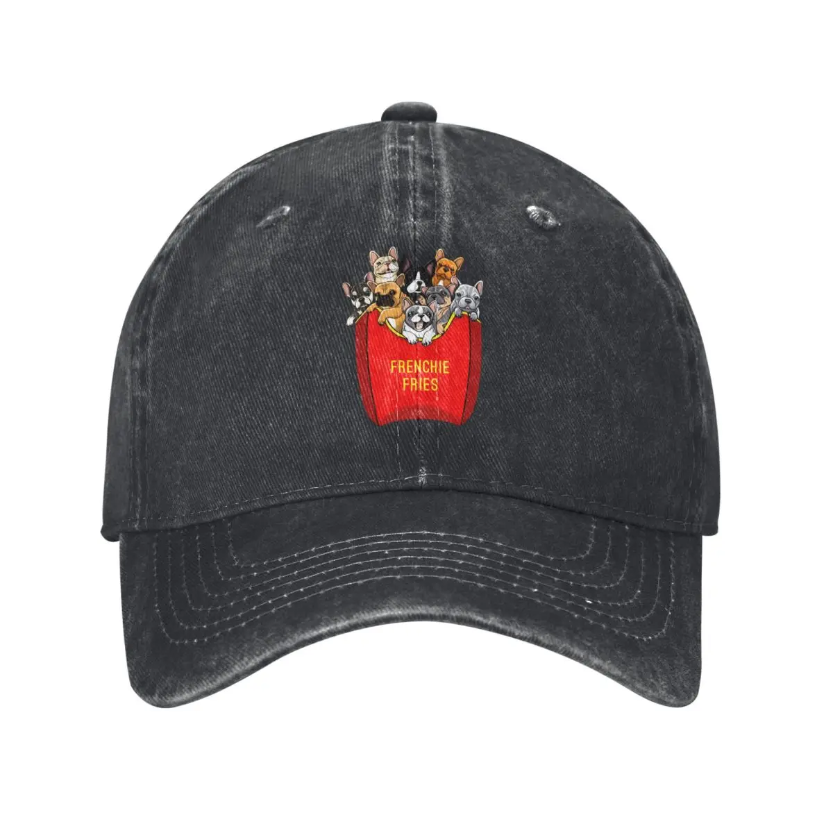 Frenchie Fries, Bulldog Francés, Bulldog en forma de patatas fritas Gráfico demin Trucker Hat Aventuras al aire libre Golf Hat Gorra de béisbol para hombre