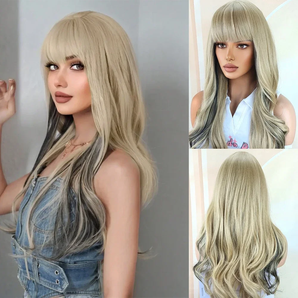 

Curly Long Wavy Black Blonde Highlights Synthetic Hybrid Wig With Fluffy Bangs Suitable For Women Daily Use