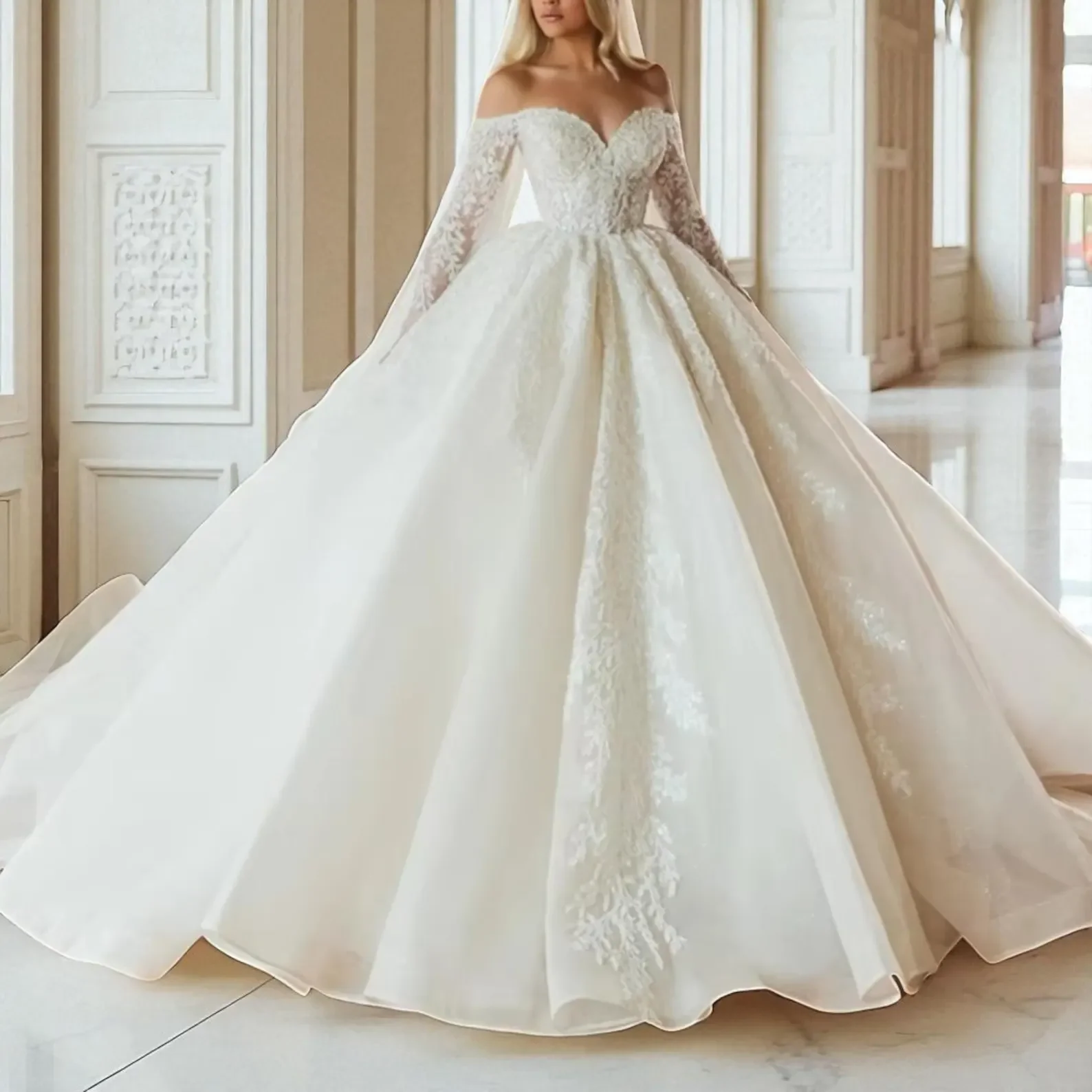 

Customized Women's 2025 Bohemian Pearl Princess Wedding Dress Sweetheart Ball Dress Off Shoulder Long Sleeve Off Shoulder Lace