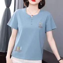 Women Summer Simplicity Loose Embroidered Solid Color Cotton O-neck Short Sleeve T-Shirt Women Clothes Casual All-match Top Tee