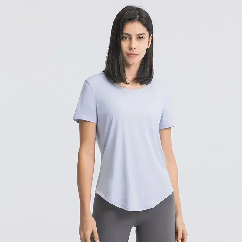 Camisa de manga curta solta de limão para mulheres, camisa respirável, camiseta esportiva correndo, bainha curva, elástica casual, secagem rápida, roupas fitness