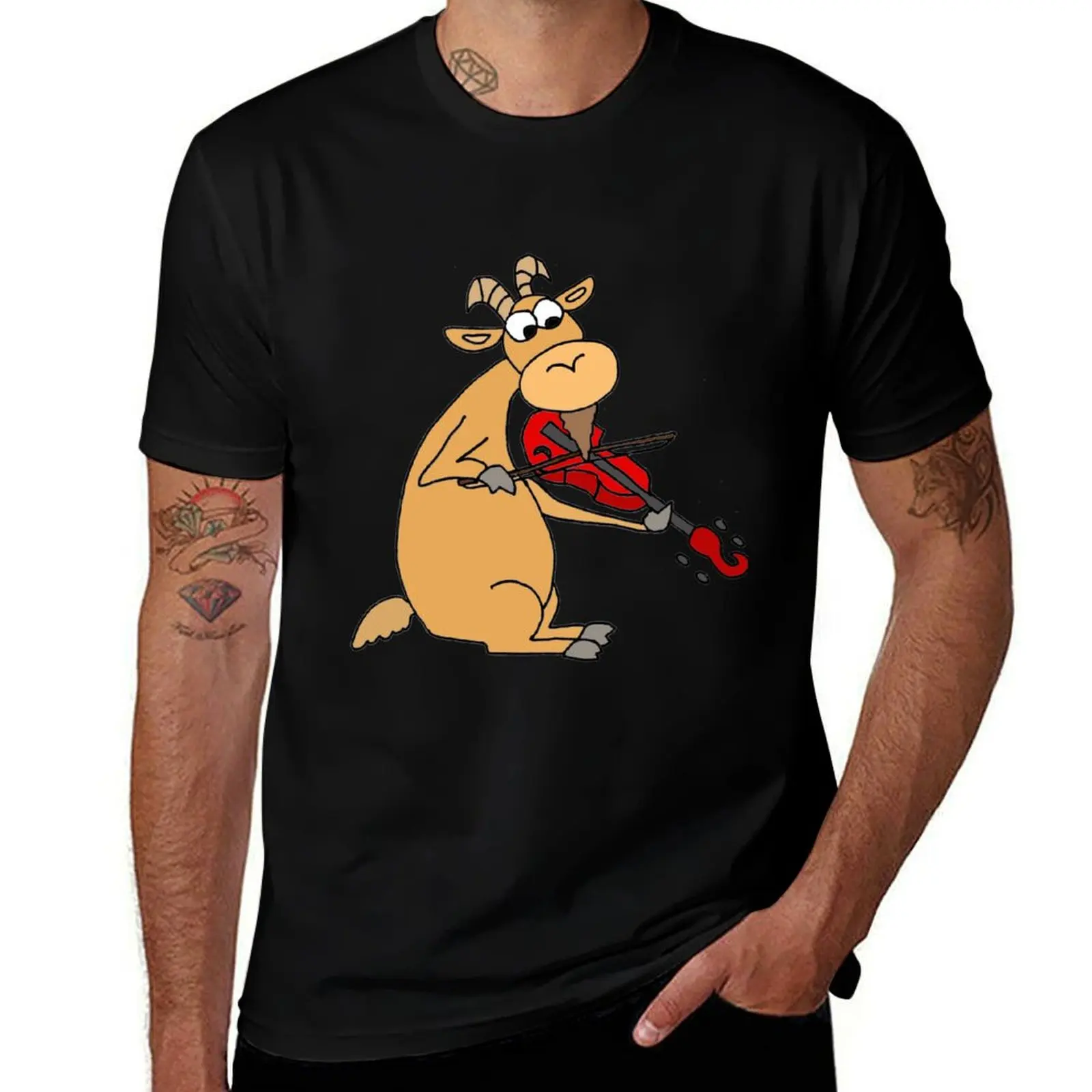 Funky Goat Playing Fiddle Cartoon T-Shirt Athletic Quick Dry for Men T-Shirt