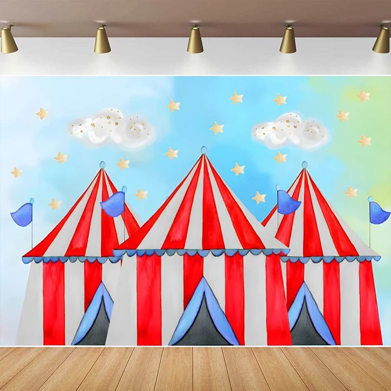 Circus Photography Backdrop Red And White Striped For Cartoon White Cloud Gold Stars Baby Shower Kids Birthday Party Background