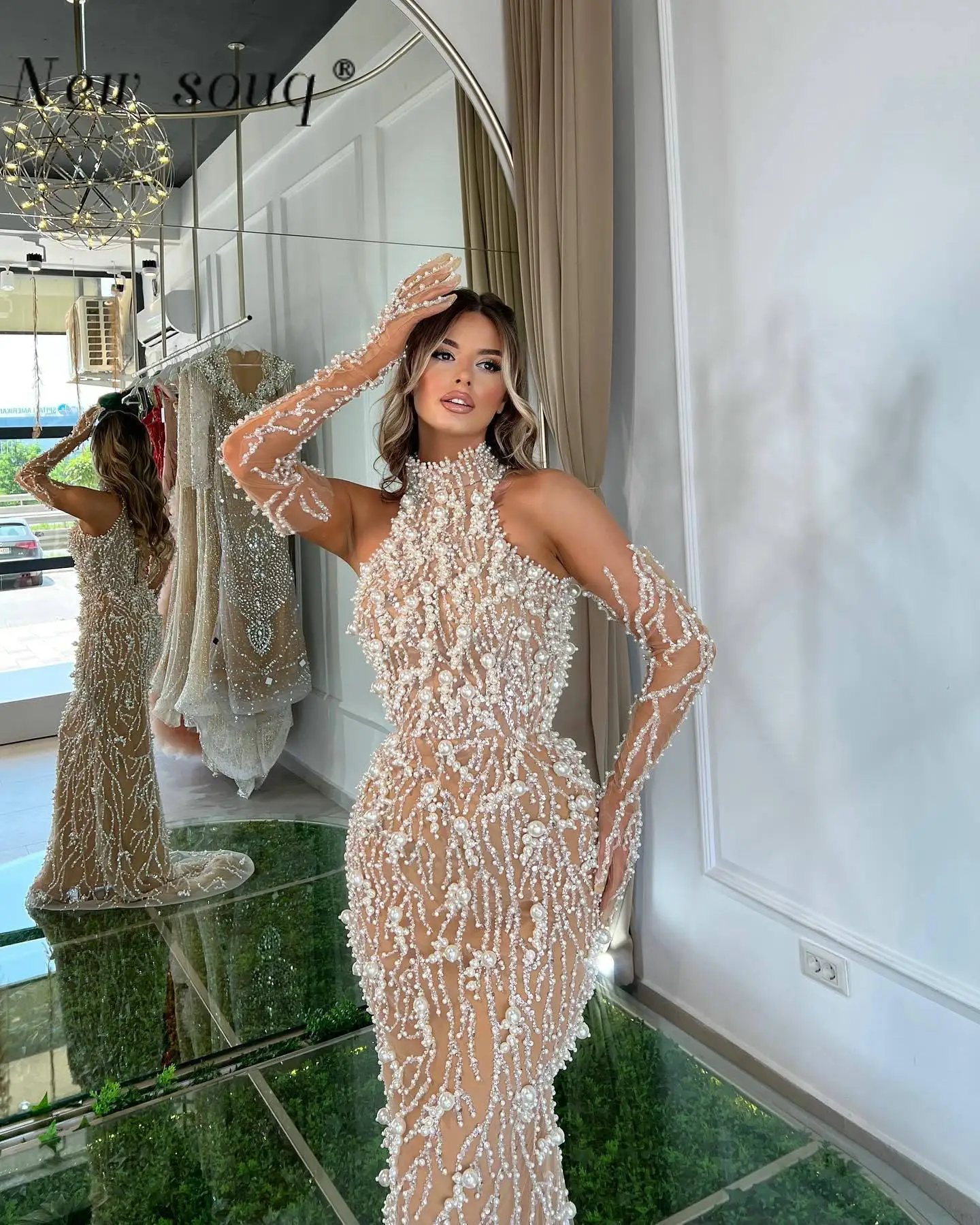 Arabic Nude Champagne High Neck Evening Dresses Pearl Sequins Mermaid Celebrity Prom Gowns Customize Night Party Vestidos 2024