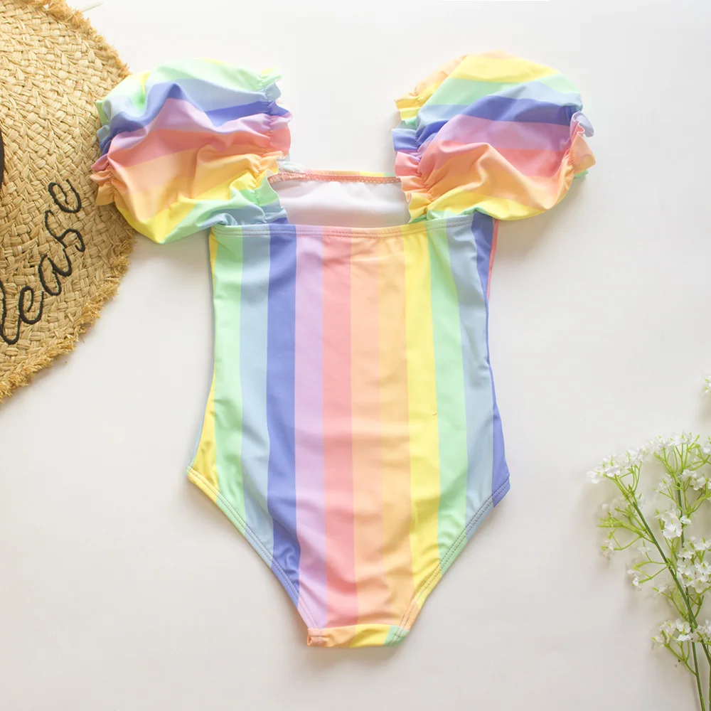 Gradient Kids Girls Swimsuit Swimwear Puff Sleeve Child Swimming Suit Cute Teen One Piece Swimwear Mermaid Children Bathing Suit