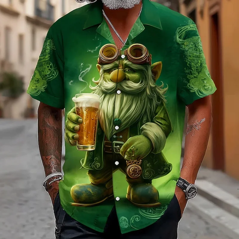 

3D Print St Patrick Green Hawaiian Shirts For Men Casual Short Sleeve Button Up Surfing Shirt Tops Men's Beach Shirts Clothes