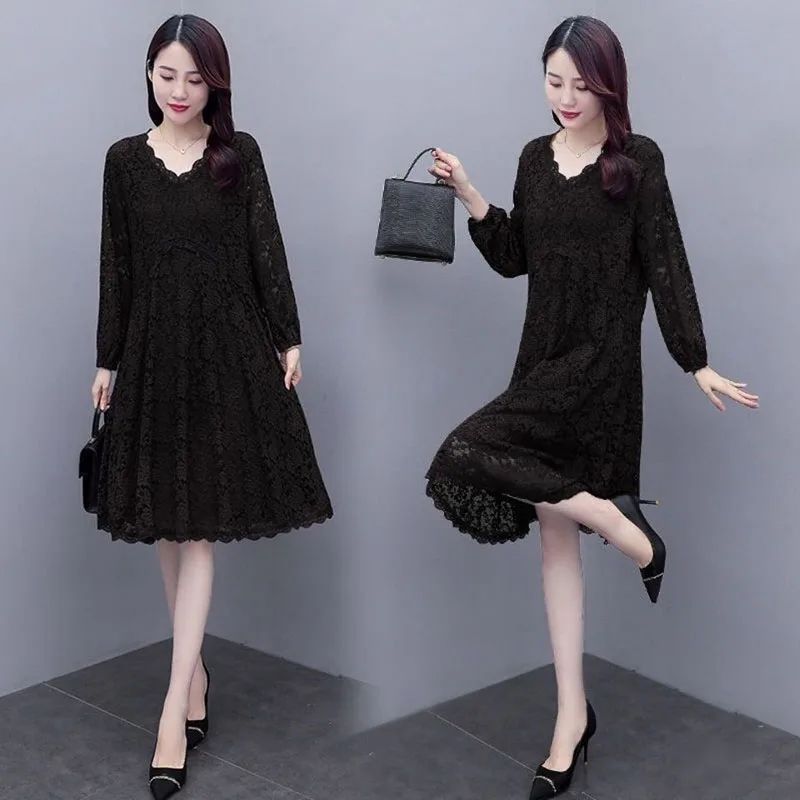 Elegant V-Neck Spliced Lace Ladies Dresses Women\'s Clothing Autumn Winter Loose Solid Color Office Lady Midi Dress