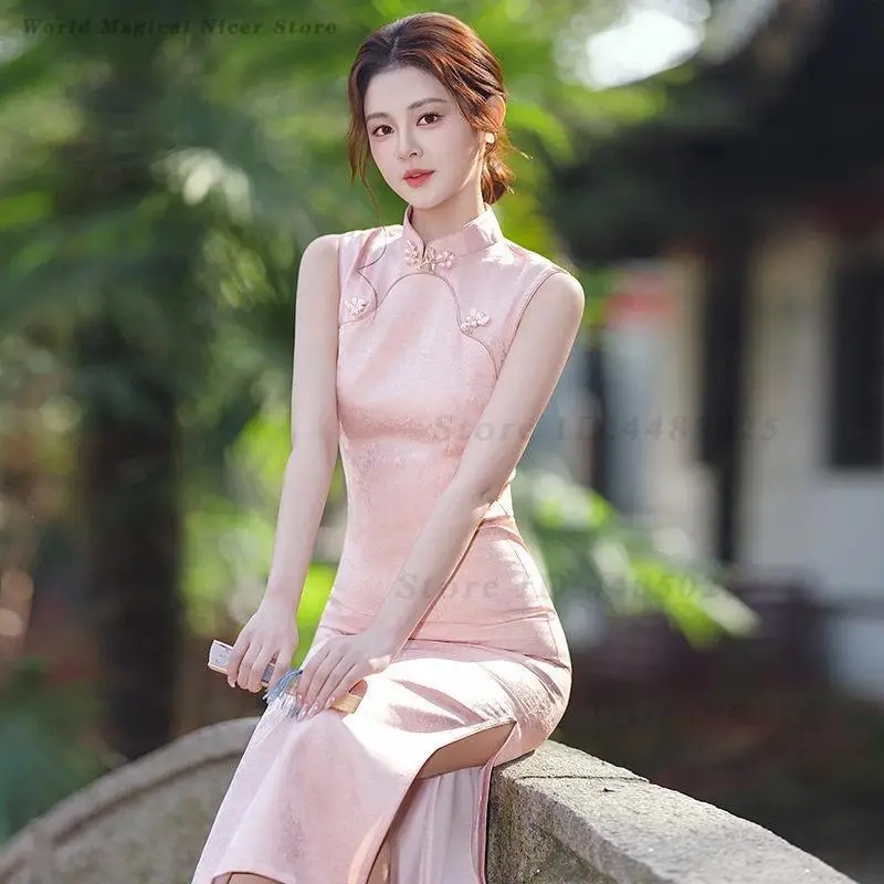 Pink Sleeveless New Chinese Style Modified Cheongsam 2026 Young Girls High Waist Tight Long Elegant Party Dress