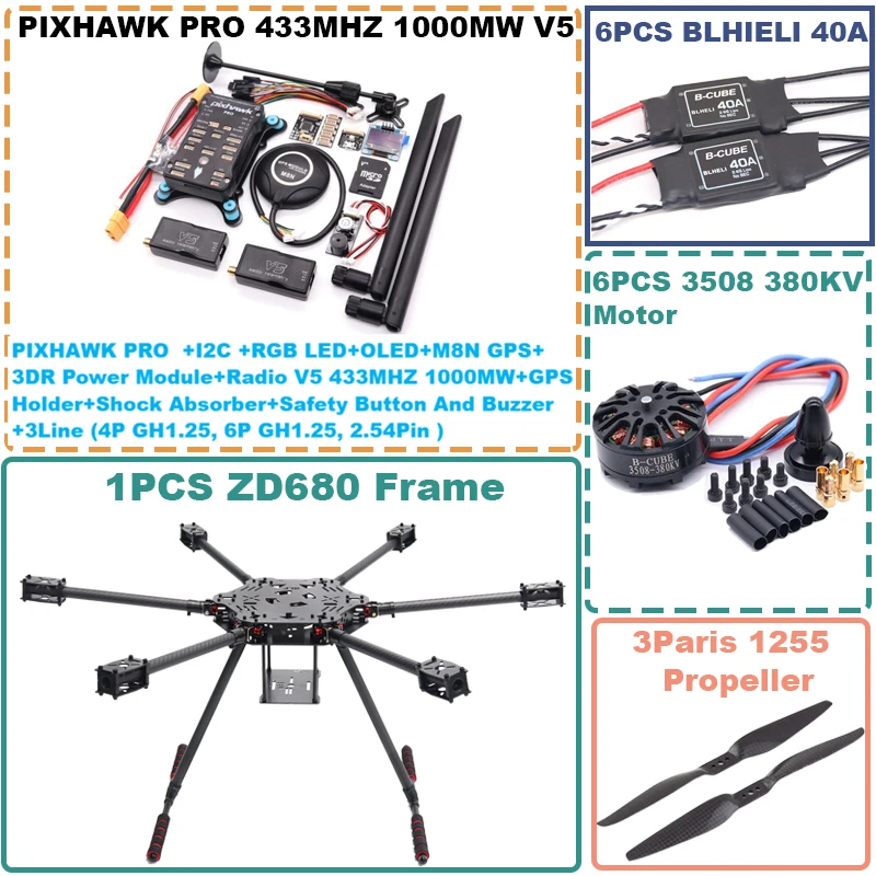 

Rctosky ZD680 PRO M8N Full Carbon Fiber Hexa-Rotor Foldable Arm Hexacopter Frame Kit PIXHAWK with Unflodable Landing Gear
