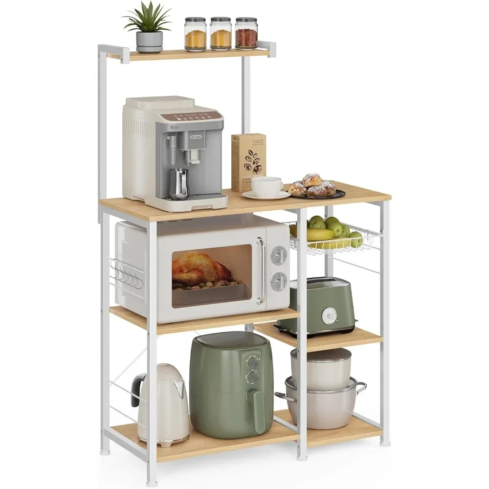 

VASAGLE Baker's Rack, Microwave Stand, Kitchen Storage Rack with Wire Basket, 6 Hooks, and Shelves, for Spices, Pots