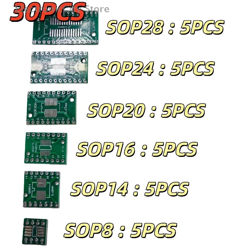 

30/35Pcs SOP24 SOP8 SOP14 SOP16 SOP20 SOP28 SMD Turn To DIP Adapter Converter Plate SOP 8 14 16 20 24 28 PCB Board Kit