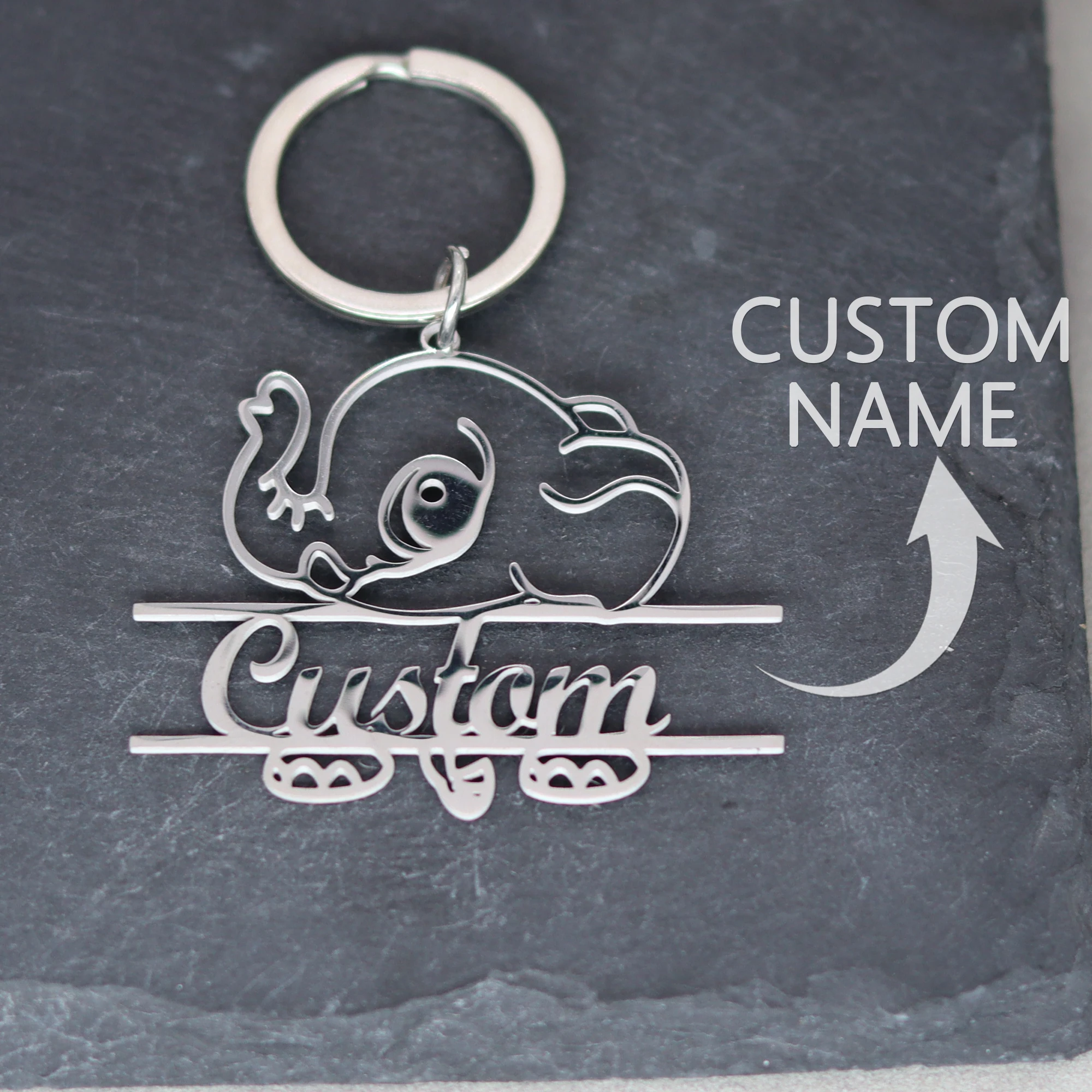 Custom Text Keychain Personalized Letters Cute Cartoon Animal Elephant Stainless Steel Name Tag Key Chain Ring Key Pendant