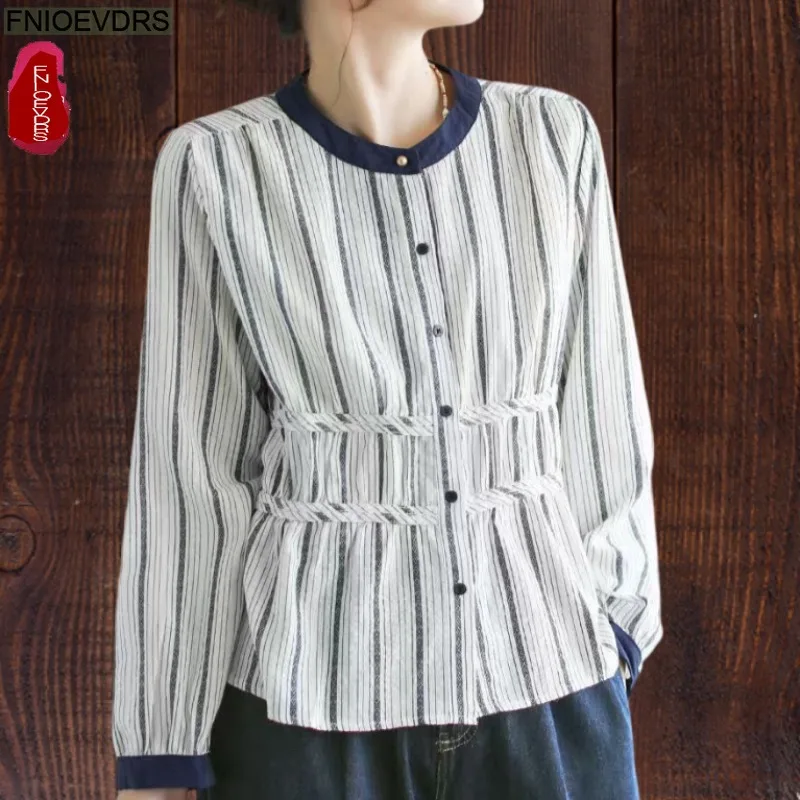 

Cotton Tops Blouses New Fashion Women Office Lady Work Basics Long Sleeve Striped Shirts Retro Vintage Peplum Top
