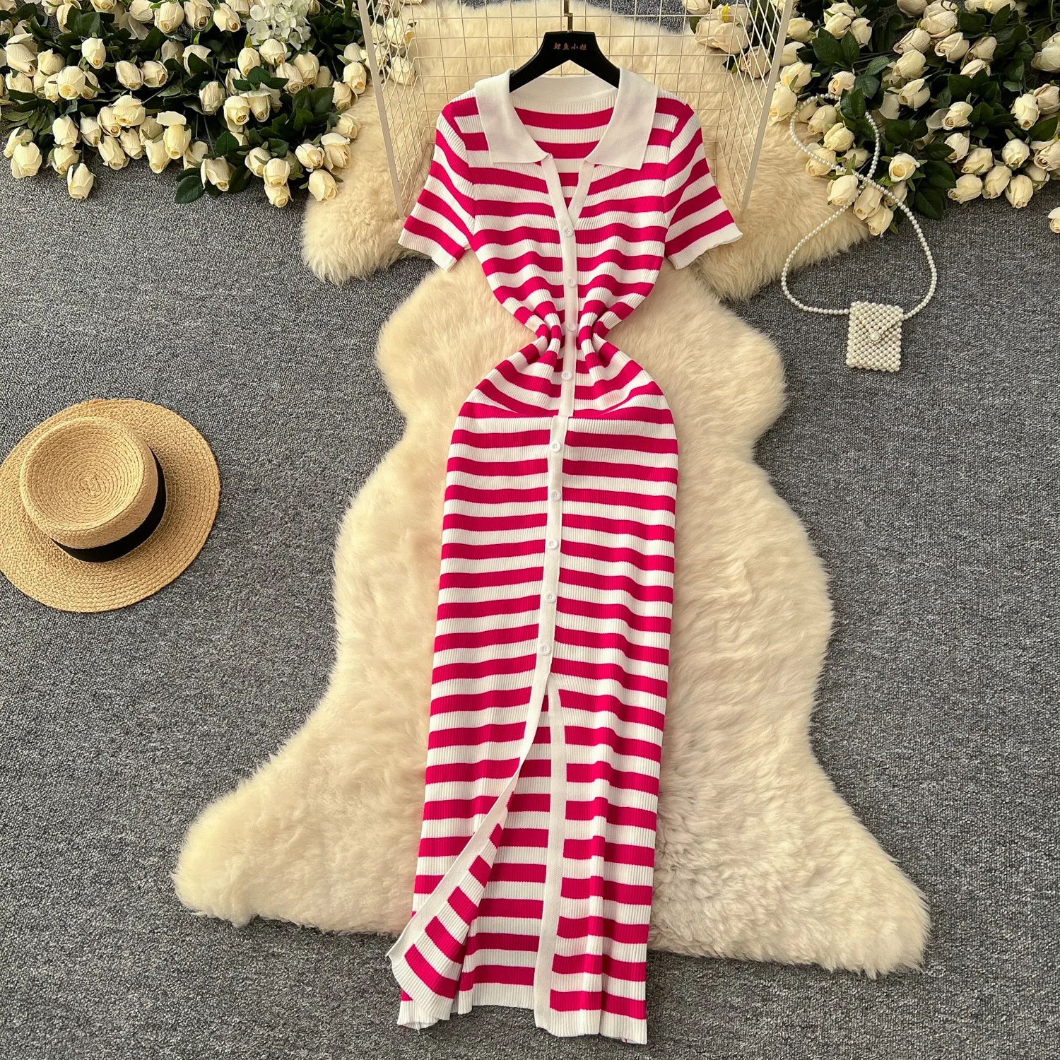 YuooMuoo Women Spring Summer Style Knitted Maxi Dress Lady Elegant Turn-down Collar Shirt Sweater Dress Wholesale Streetwear