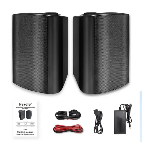 Herdio 5.25'' 2PCS Indoor Outdoor Bluetooth Speakers Patio Waterproof Wired Wall Mount System 300 Watts Black