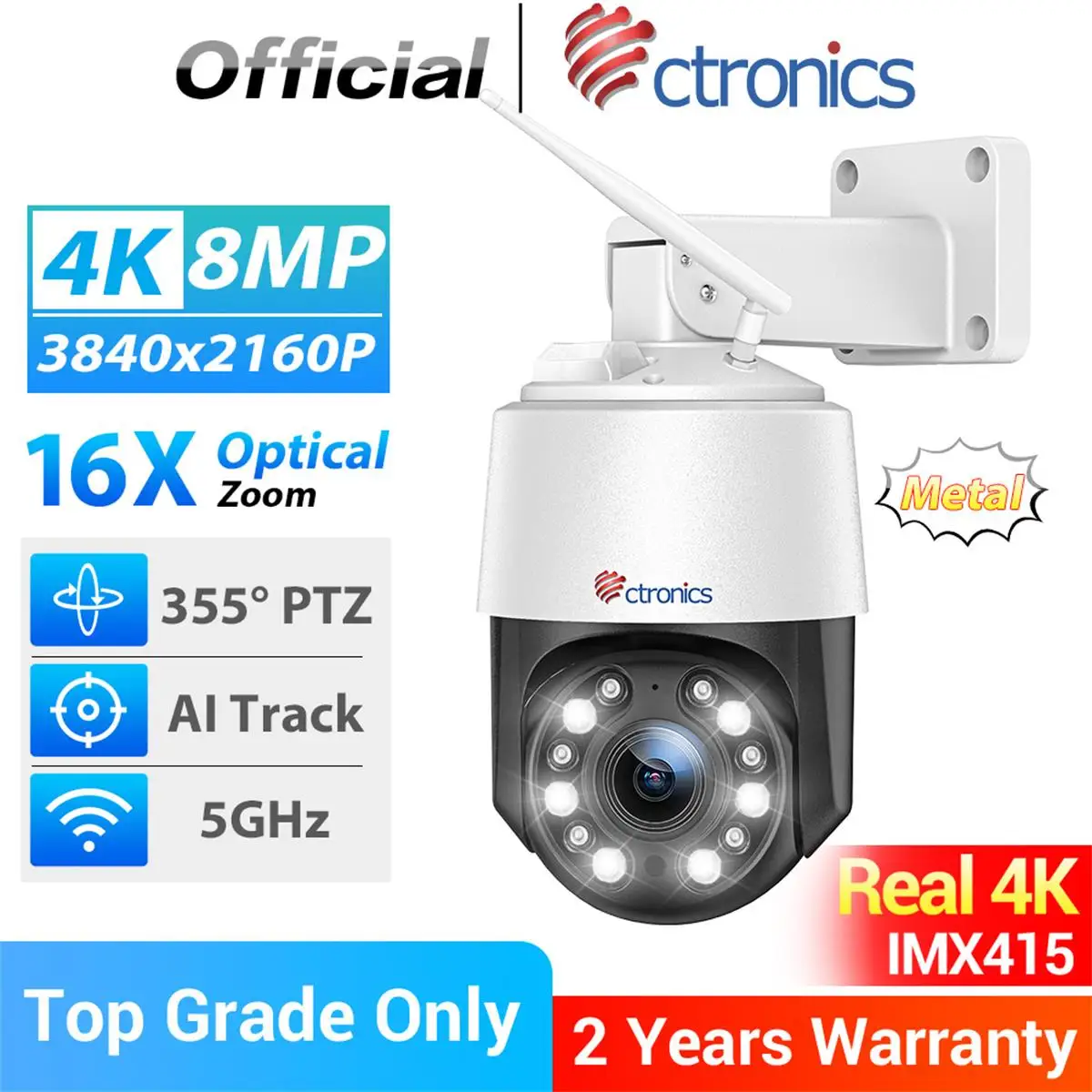 Ctronics Real 4K 8MP WiFi Surveillance Camera Outdoor 360 16X 5X Optical Zoom Security Camera Color Night Vision Auto Tracking