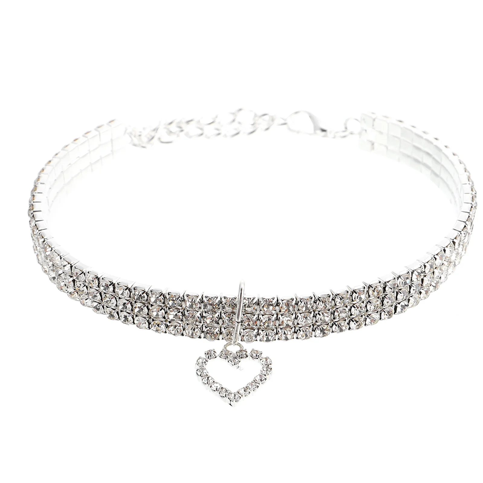 

Pet Necklace Dog Collar with Heart Charm Sturdy Adjustable Shiny Rhinestone Decor for Puppy Walking Training Daily Wear