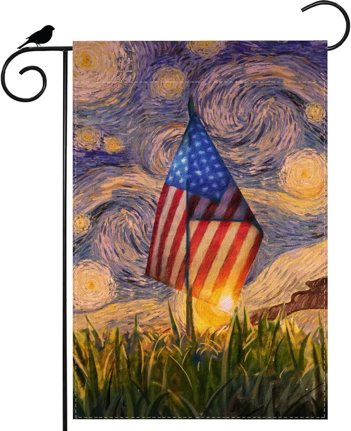 America Flag Oil Painting Starry Night Sky Moon Memorial Day Garden Flag 12x18 Inch Double Patriotic 4th of July Sided Small ZZM