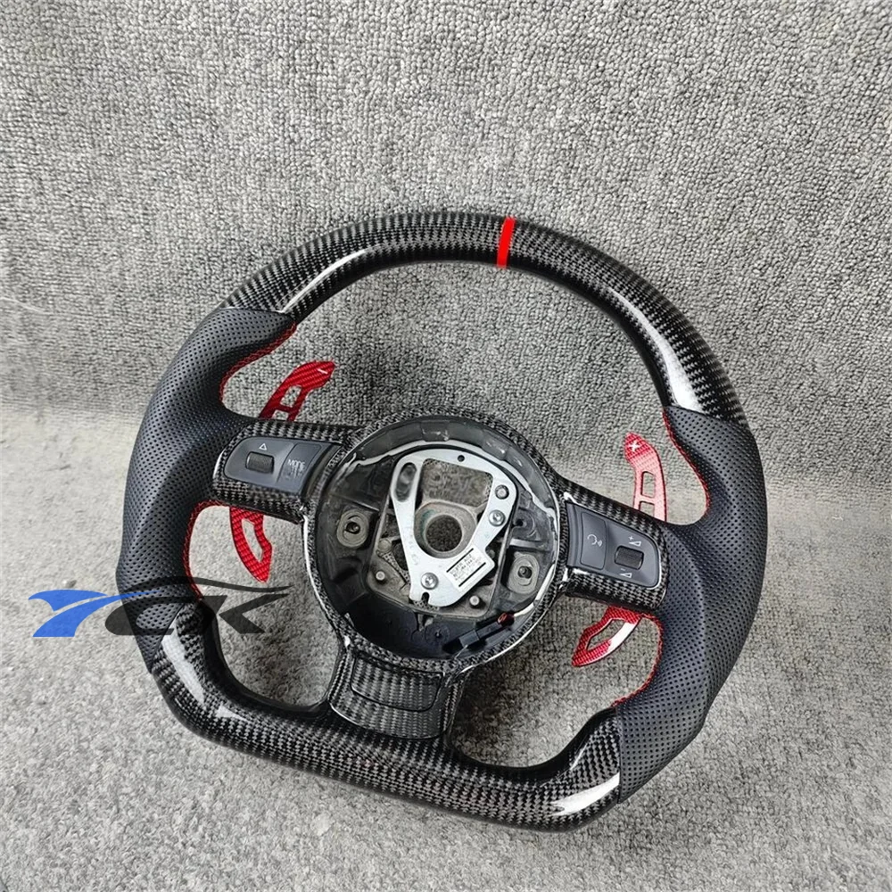

Customized Black Carbon Fiber Black Leather Red Stitch Steering Wheel for Audi R8 2008 2009 2010 2011 2012 2013 2014 2015