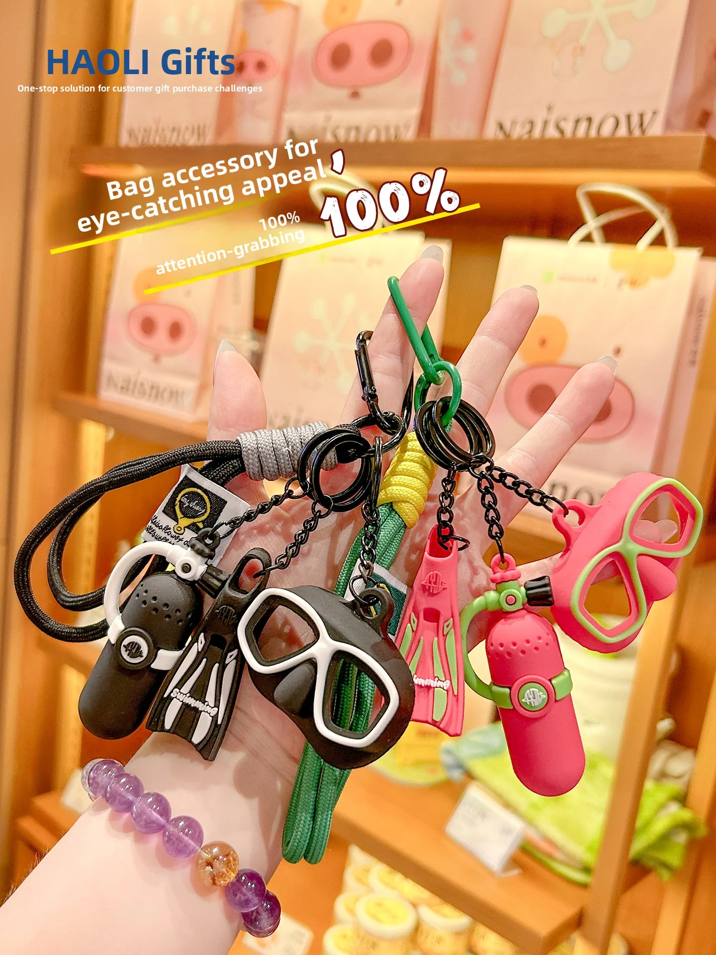 Creative Swimming Diving Snorkel Keychain Oxygen Tank Couple Bag Pendant Gift Cartoon Series Square Shape Plastic Material