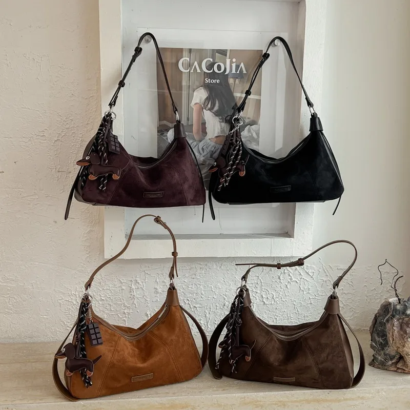 Autumn Vintage Suede Hobo Bag Hot Sale Retro Women's Shoulder Bag with Dachshund Pendant Adjustable Strap Casual Crossbody Purse