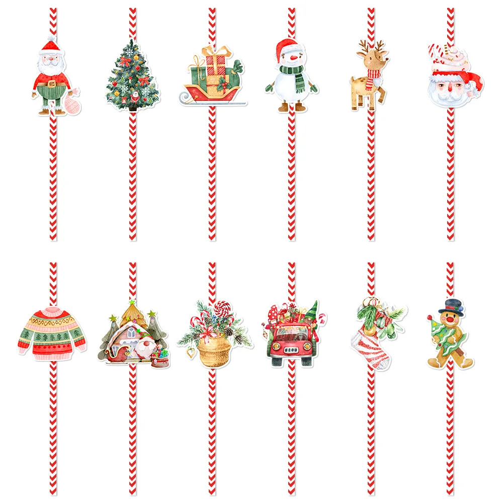 Holiday Party Straws Themed Santa Claus Straws Christmas Paper Straws Decorative For Family Gathering Party Supplies Christmas