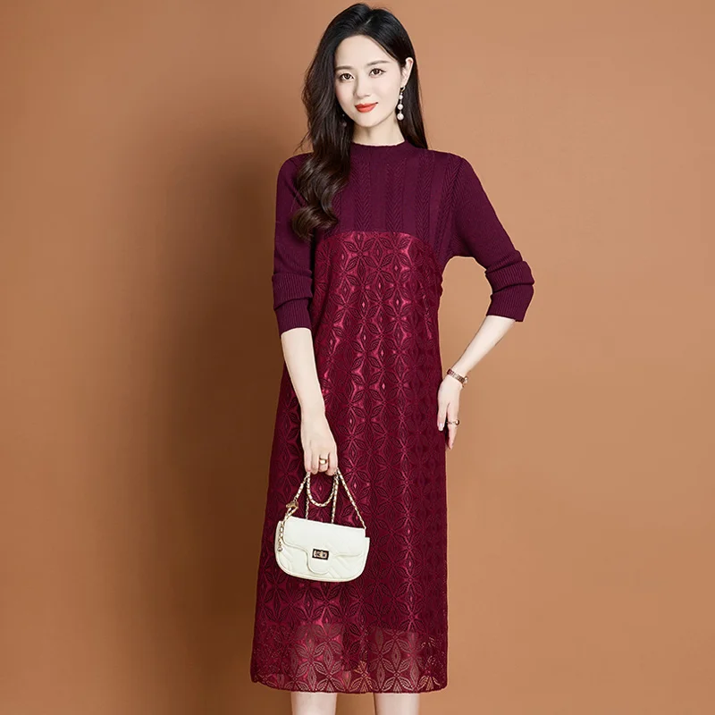 New Luxury  Women's Lace Sweater Dress 2024 Autumn Slim Elastic Knit Dress Elegant Ladies Lace Patchwork Long Sweaters