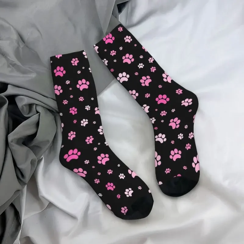 Chaussettes provoqué à motif de patte de chien rouge et rose pour hommes, chaussettes confortables et chaudes, chaussettes d'équipage imprimées en 3D, chaussettes unisexes drôles