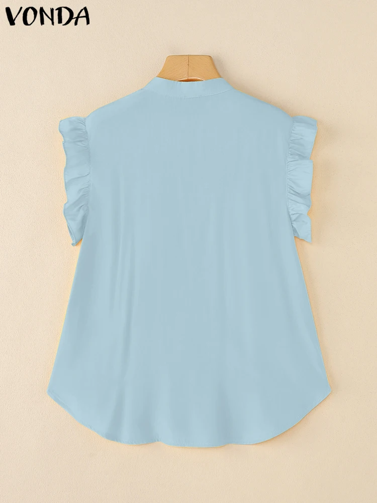 VONDA 한국 셔츠 여성 반팔 프릴 블라우스 2025 패션 버튼 솔리드 컬러 튜닉 탑 캐주얼 우아한 스위트 블라우스