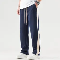 Fashion Summer Quick Drawing Loose Straight Pants Men Panelled Elastic Waist Sports Drawstring Pockets Casual Versatile Trousers