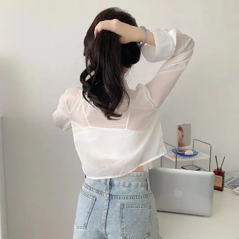 

White Shirts Women Literary Simple Sun-proof Thin Summer Hotsweet Sheer Female Graceful Korean Style Loose Breathable All-match