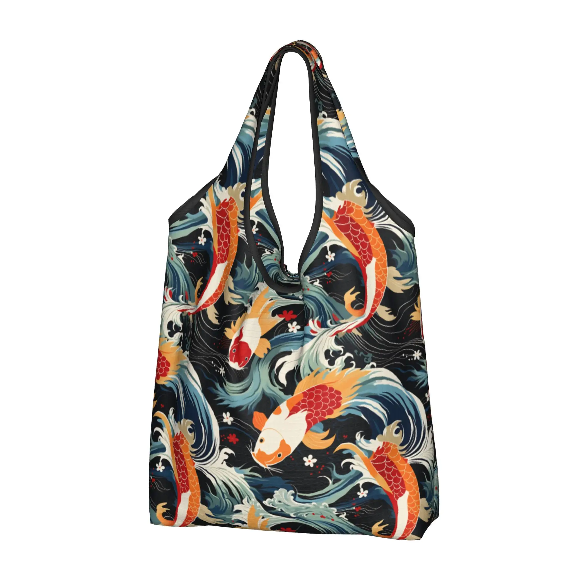 Kawaii Japan Ukiyoe Koi Art Shopping Tote Bags Portable Modern Vivid Koi ATL Grocery Shopper Shoulder Bag