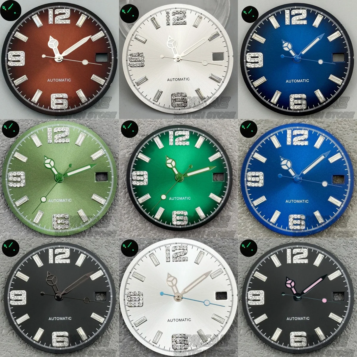 29mm Sunburst Uhrenzifferblatt mit Diamanten 6/9/12 Ziffern Datumsfenster Leuchtendes Zifferblatt Passend für NH35 NH36 Automatikwerk Uhren-Modifikationsteil