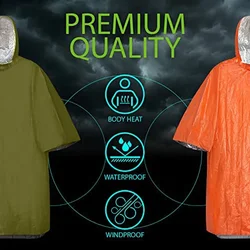 Emergency Survival Rain Hot Poncho Thermal Survival Space Blanket Thermal Raincoat Heat Reflective Waterproof for Camping Hiking
