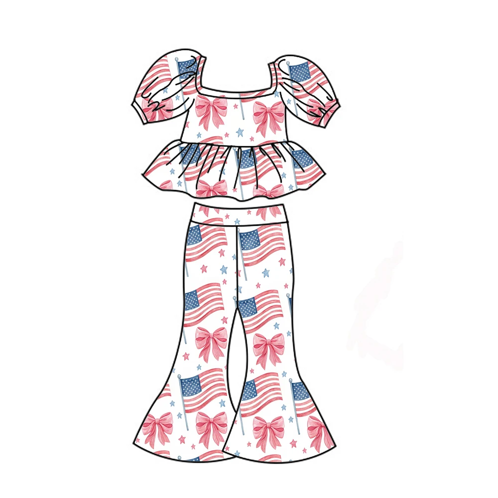 Square-neck puff-sleeved top paired with flared pants set featuring Independence Day print casual everyday children's wear girls