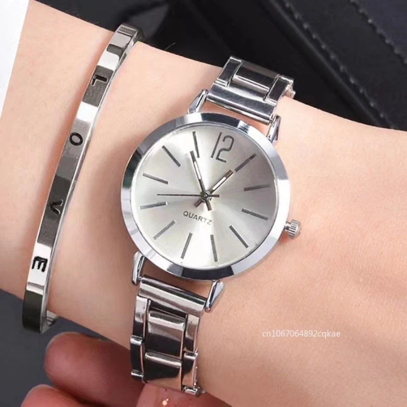 Ladies Fashion Simple Digital Alloy with Quartz Watch Bracelet 2pcs Set Luxury Women Simple Dial Ladies Watches Gift for Mom