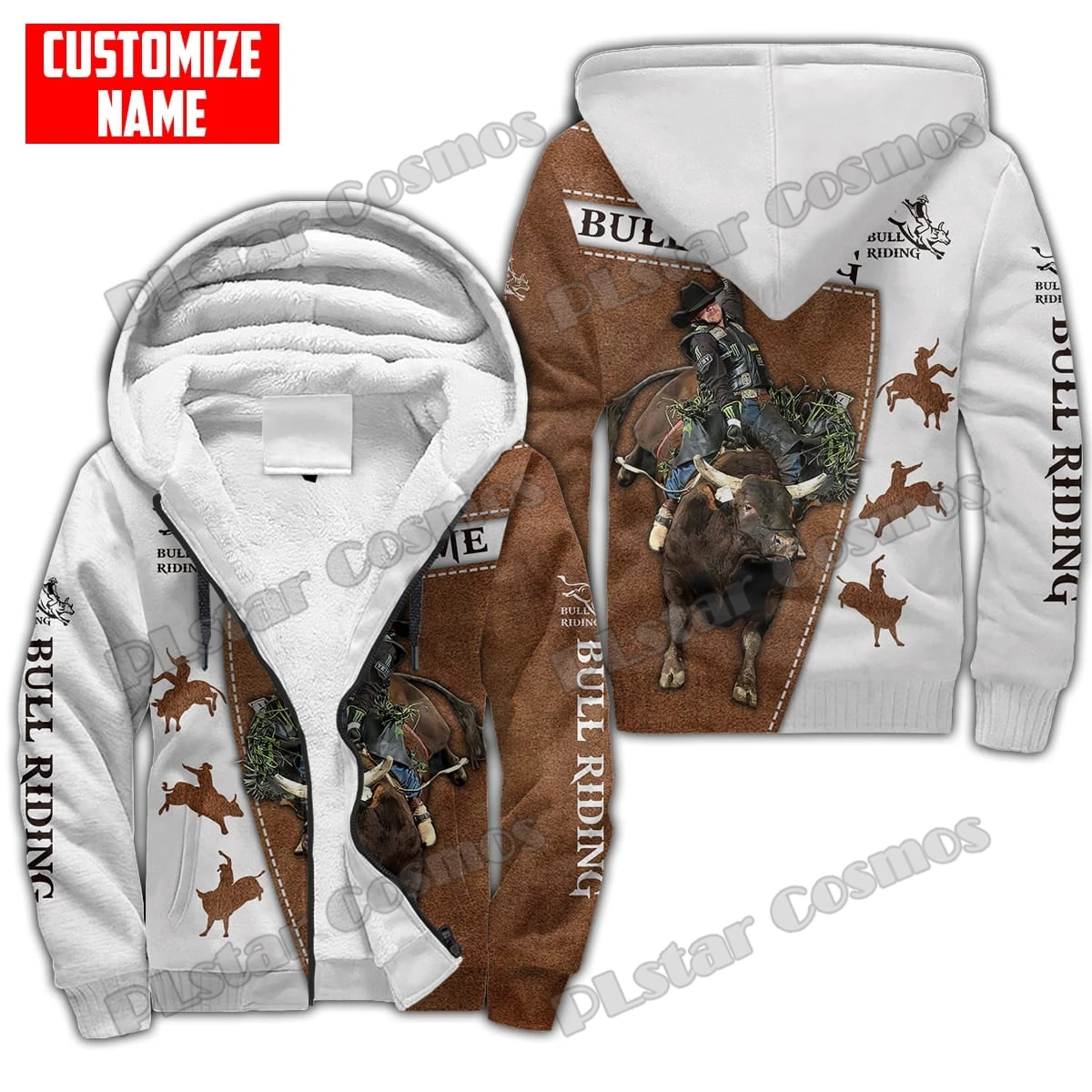 Personalized Name Bull Riding 3D Printed Fleece Zipper Hoodies For Men Women Winter Warm Double Plus Velvet Casual Jacket JR12