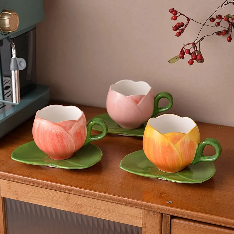 Tulip Flower Shaped Cup&saucer Dining Table Coffee Mug Delicate Porcelain Mugs Afternoon Tea Teacup Fruit Juice Container