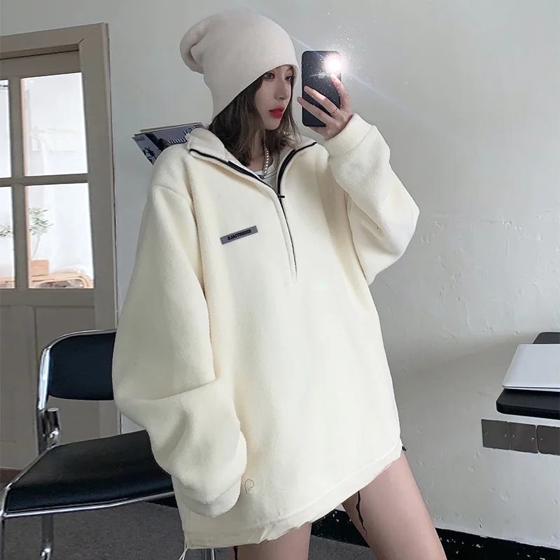 2022 Spring Autumn Sweatshirt Women New Fashion Kpop Loose Fleece Coat Original Design Lambhair Thickened Clothes