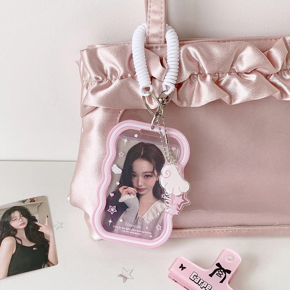 Macaron Color Elastic Cord 3 Inch Pendant Card Holder Cute Angel Wings Photocard Display Case Bus Card Holder view 4